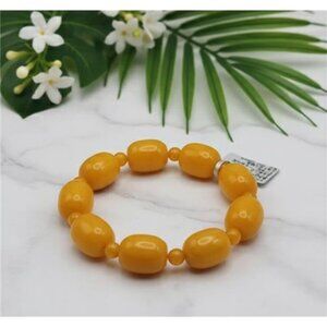 Golden Yellow Jade Bead Stretch Bracelet Marigold Stone Chunky 7 in Adj. NEW